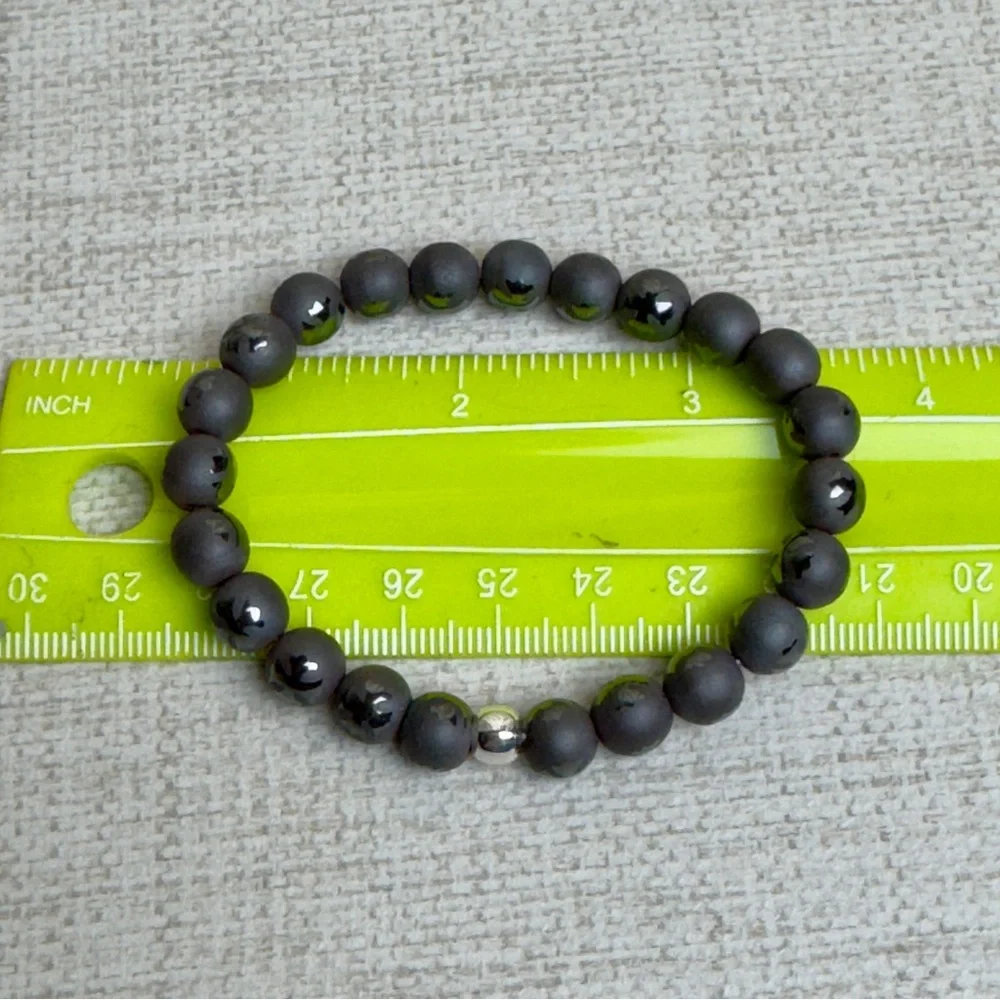 Hematite Matte Beads with shiny cross bead stretch bracelet 8mm